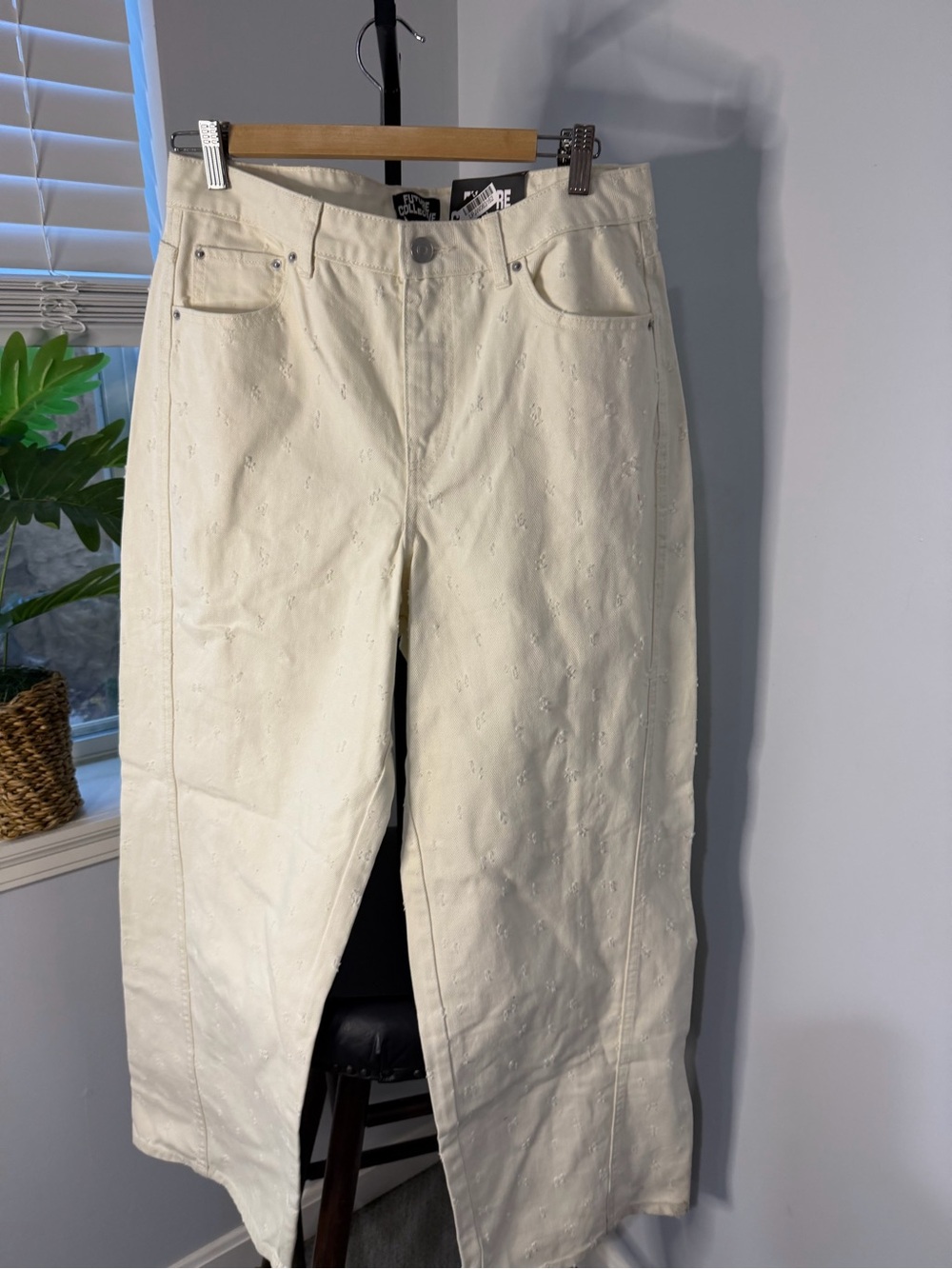 High-Rise Eyelet Wide-Leg Jeans in Cream